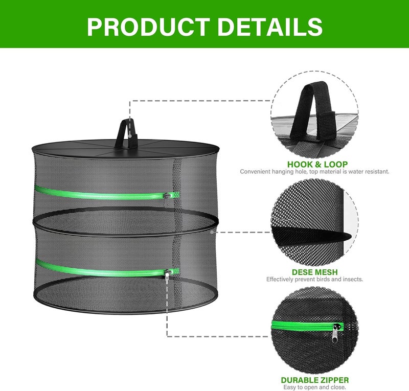 I-Power Herb Drying Rack 2-Layer Hanging Mesh with Zippers for Hydroponics Plant, Seed and Bud Fit in Grow Tents, Closets and Outdoor - Image 4